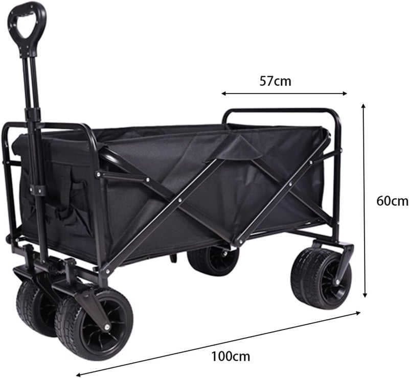 Eworld Heavy-Duty Foldable Utility Wagon Cart 150kg Capacity with All-Terrain Tyres, Adjustable Handle, 2 Storage Pockets – Black - Image 4